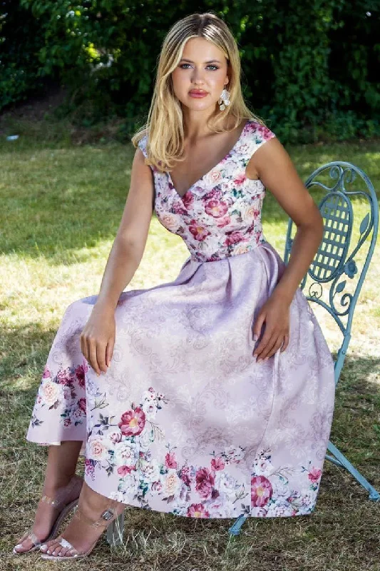 Midi dresses with ruffled sleeves for a more feminine and voluminous look Goddiva Sweetheart Floral Midi Dress - Blush Midi dresses with ruffled sleeves for a more feminine and voluminous look Goddiva Sweetheart Floral Midi Dress - Blush