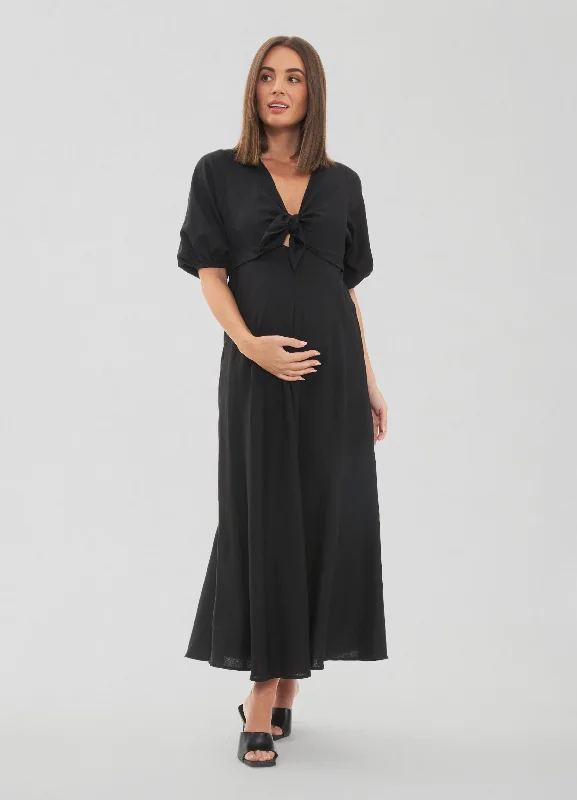 Maternity dress for a baby's first visit to the park playground Ripe Maternity Camille Tie Front Linen Maternity Midi Dress