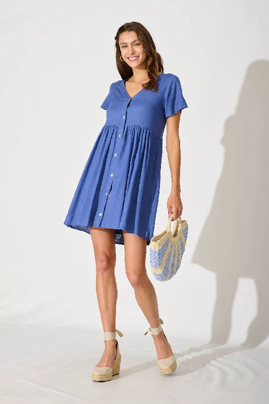Everyday Dress with Batik Print for an Ethnic Look​ Horizon Smock Dress In Blue Linen Blend