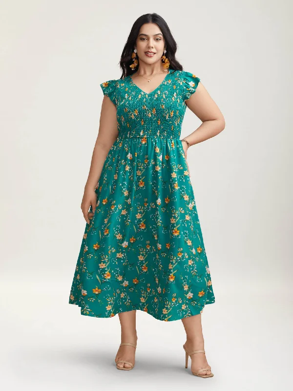 Comfortable Everyday Dress for Plus - size Women​ Shirred Printed Flutter Sleeve Pockets Maxi Dress