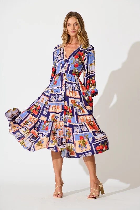 Midi dresses with halter necks for a stylish and comfortable option Modical Midi Dress In Blue Multi Postcard Print