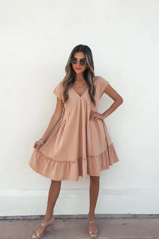 Fall - Style Casual Dresses with Earthy Tones​ Light Apricot V Neck Mini Dress