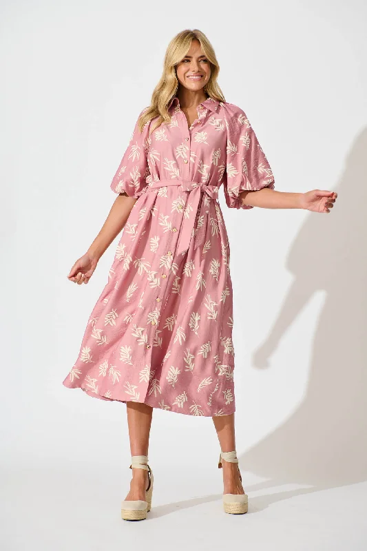 Midi dresses with empire waists for a flattering maternity option Jasmine Midi Shirt Dress in Dusty Rose with Cream Leaf