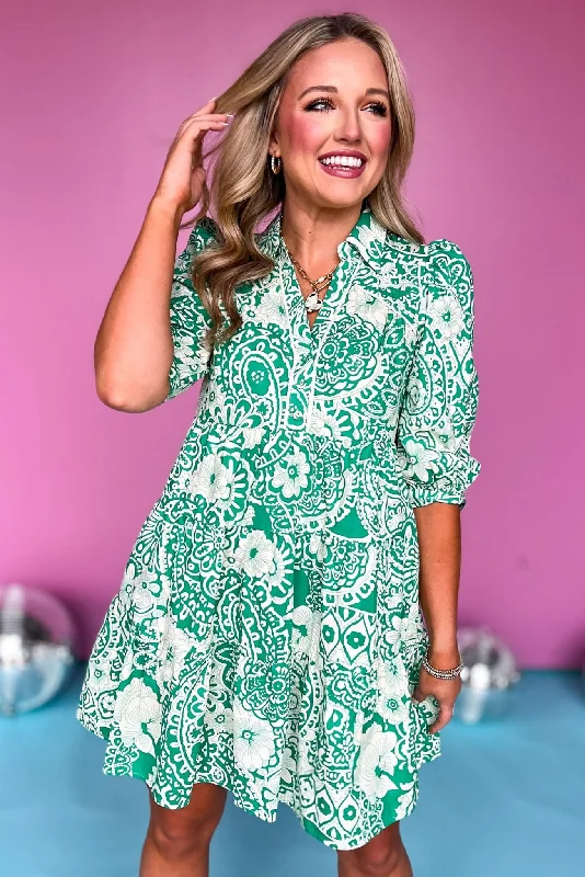 Sequined mini dresses for New Year's Eve Green Paisley Printed Two Tone Split Neck Collared Three Quarter Sleeve Dress