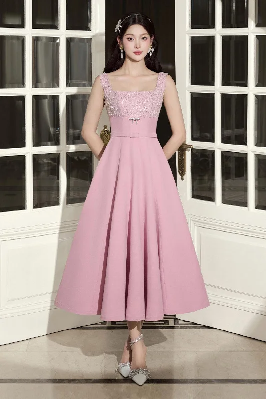 Sleeveless midi dresses with lace details for summer weddings Lolita Fit and Flare Square Neck Linen Cotton Midi Dress