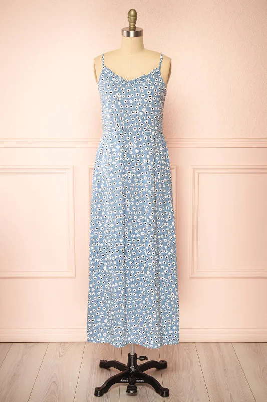 Mini dresses with patchwork designs for a unique style Floranda Blue | Floral Midi Dress w/ Ruffles