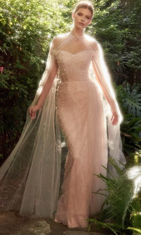 High - low hem wedding dresses for a trendy twist​ Lace - trimmed wedding guest dresses in blush pink Andrea and Leo A1219 - Off Shoulder Pearl Beaded Gown