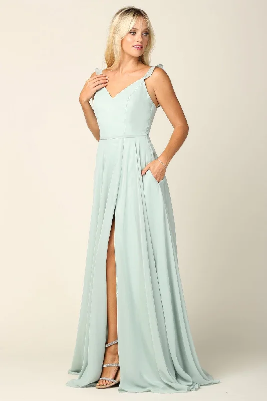 Long - train wedding dresses with a sweep train option​ Wedding guest dresses with abstract prints and long trains Long Bridesmaids Ruffle Sleeve Chiffon Gown