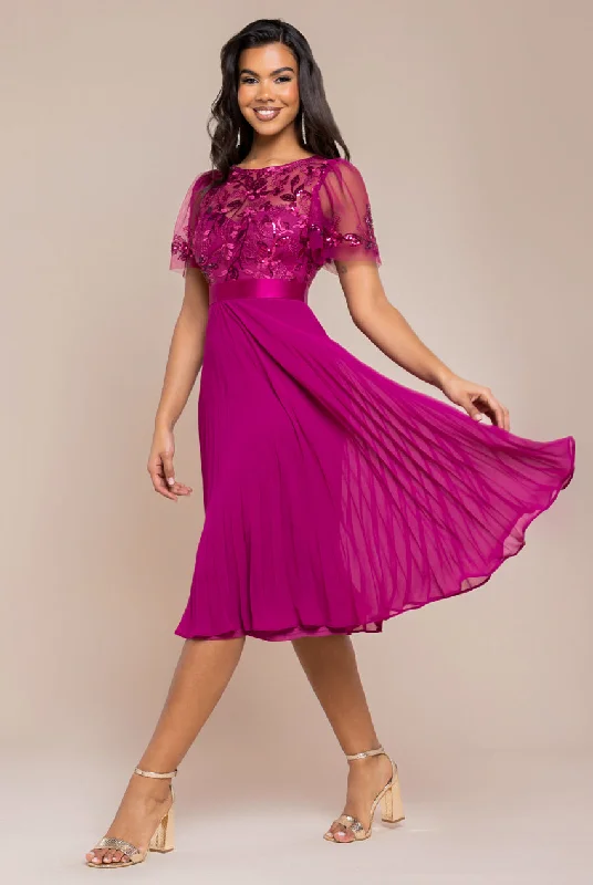 Plaid midi dresses for a fall - themed family gathering Goddiva Embroidered Top Chiffon Pleated Midi - Magenta Plaid midi dresses for a fall - themed family gathering Goddiva Embroidered Top Chiffon Pleated Midi - Magenta