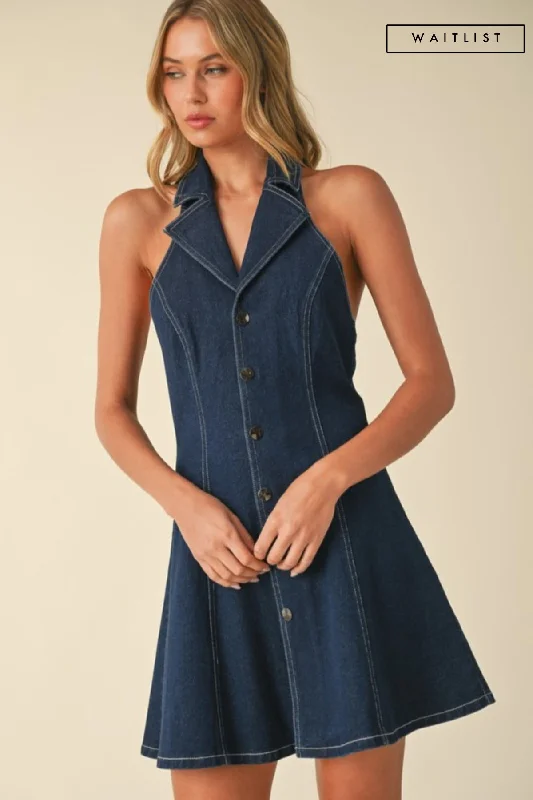 Beaded Casual Dresses for a Decorative Touch​ Waitlist 5/10 ♥ Libby Sleeveless Collared Halter Button Down Denim Mini Dress Dark Wash