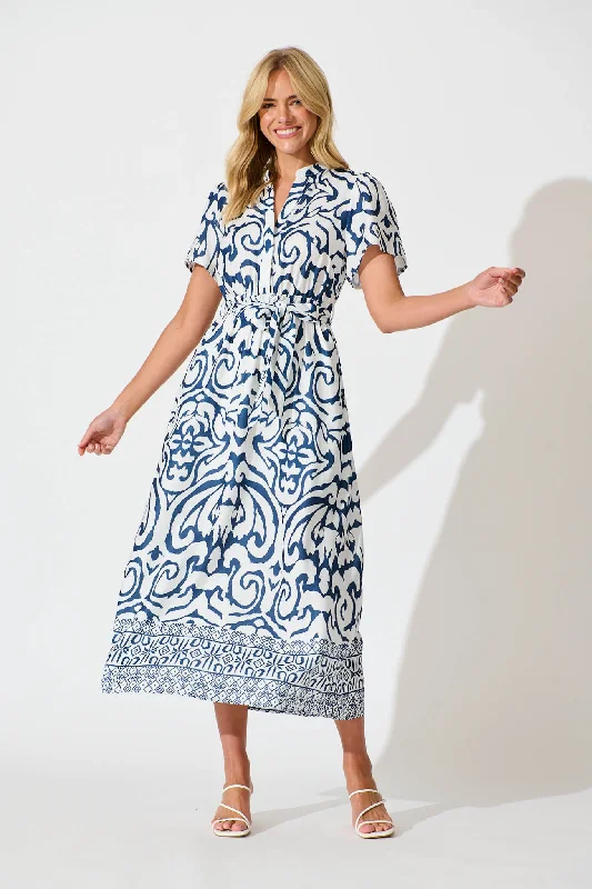 Everyday T - shirt Dress for Teens with Graphic Prints​ Selina Maxi Dress in White with Navy Linen Blend