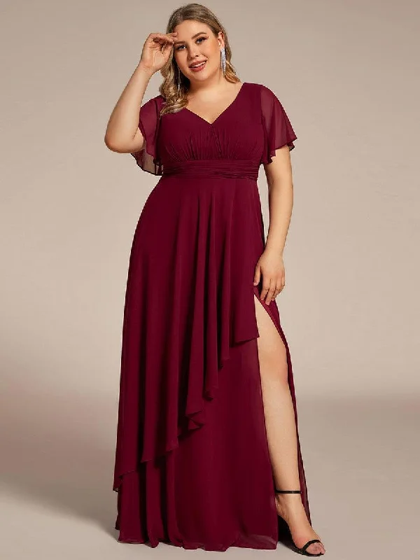 Mermaid silhouette wedding dresses with lace appliques​ Maxi wedding guest dresses with floral prints for summer weddings Plus Size High Slit Louts Leaf Empire Waist Chiffon Evening Dress