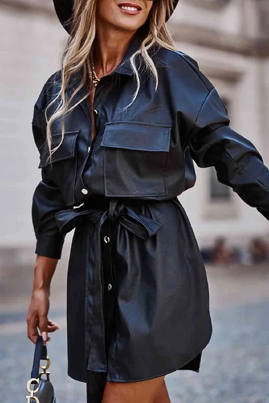  Tie Waist Collared Long Sleeve Dress