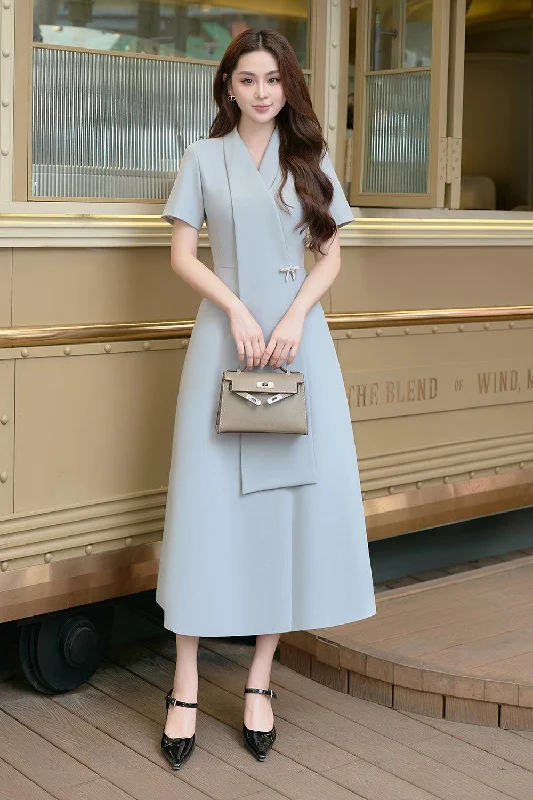 Midi dresses with satin - finish fabrics for a luxurious feel Hily A-line V-Neck Linen Cotton Midi Dress