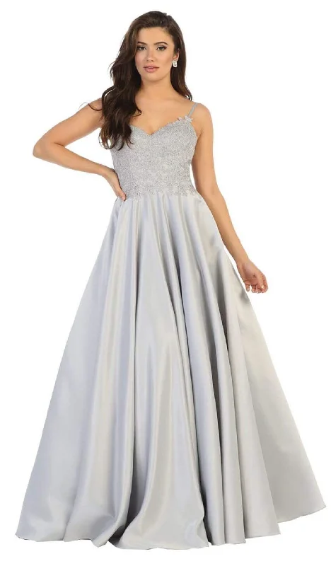 Two - piece wedding dresses with a crop top​ Metallic wedding guest dresses for a glamorous wedding May Queen - MQ1685 Sleeveless Beaded Mesh Lace Back A-Line Satin Gown