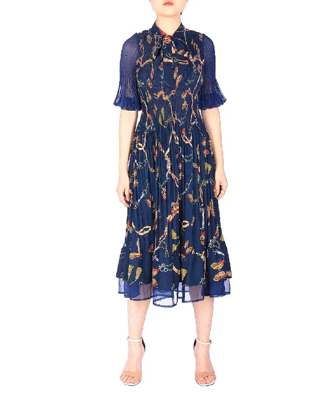  TWO PEARS-Long Sheer Sleeve V-neck Wrinkle Dress