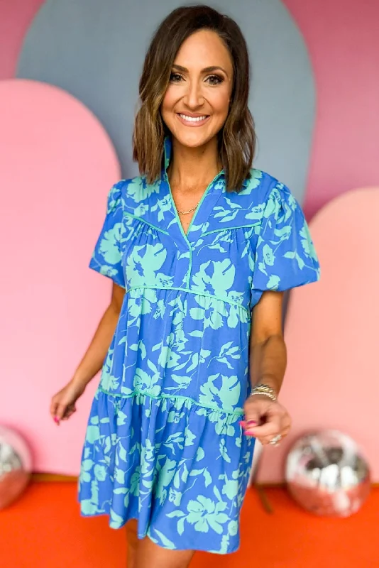 Sequined mini dresses for New Year's Eve Blue Two Tone Floral Printed Collared Tiered Short Bubble Sleeve Dress