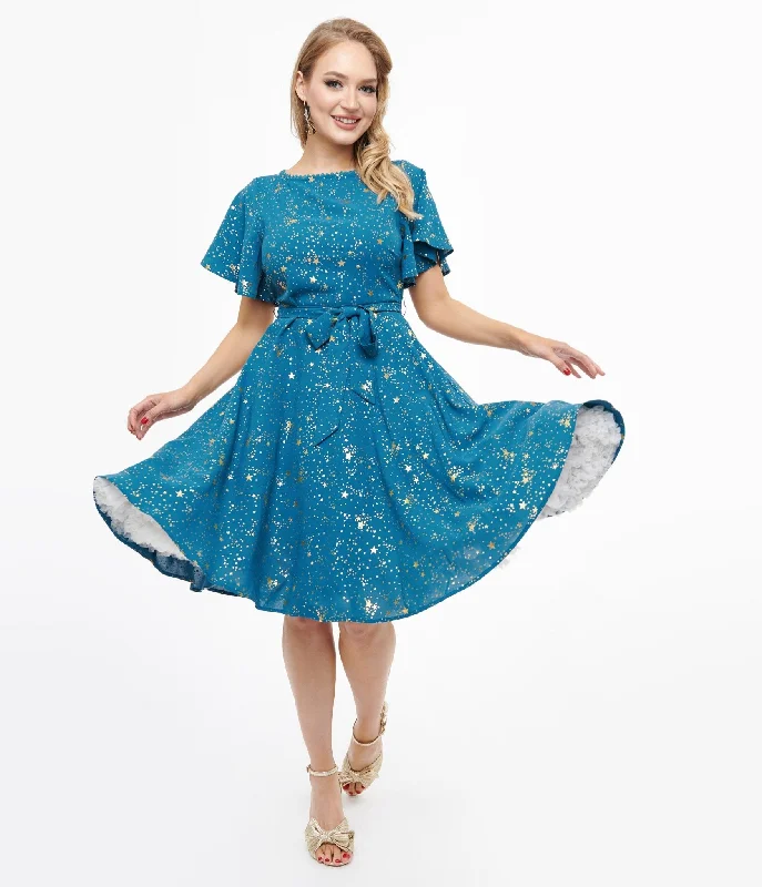 Everyday Denim Dress with Distressed Details​ Unique Vintage 1930s Teal & Gold Star Swing Dress