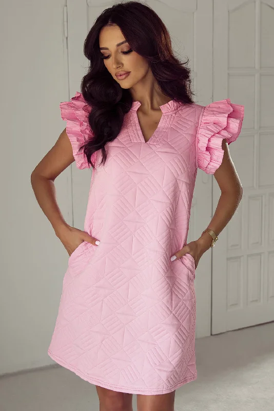 Mini dresses with cut - out details for a trendy look Bonbon Pleated Splicing Sleeve Textured V Neck Shift Dress