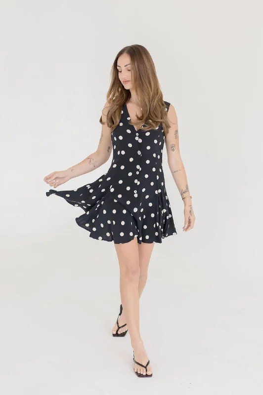Festival - Inspired Casual Dresses with Bohemian Flair​ Athena Sleeveless Button Down Polka Dot Mini Dress Black