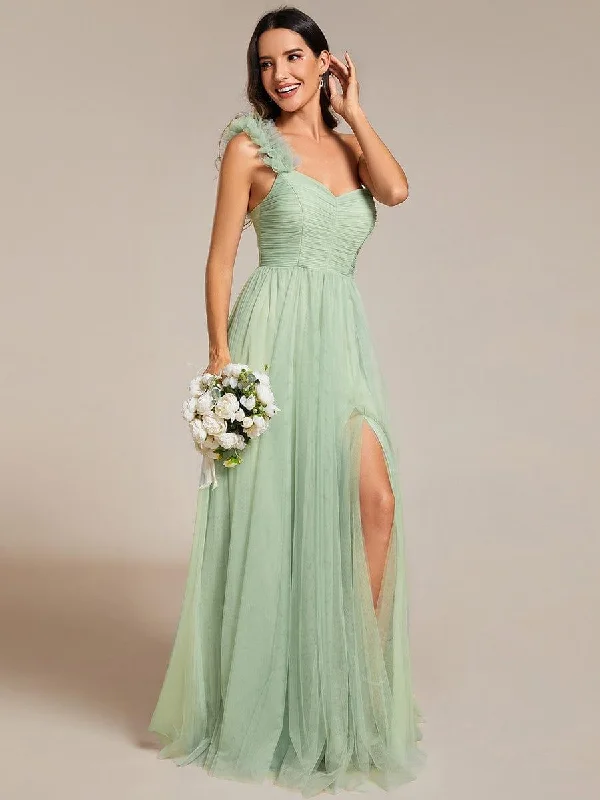 A - line wedding dresses with a beaded neckline​ Wedding guest dresses with belted waists and knee - length skirts ever CLOE|Sweetheart Neckline One Shoulder with Floral Tulle High Slit Bridesmaid Dress
