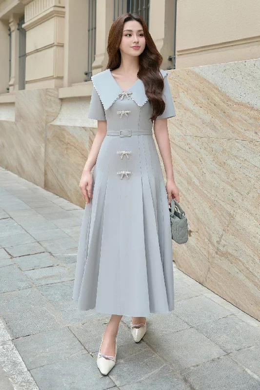 Midi dresses with bow accents for a sweet and charming look Bluebows A-line Side Pleated Linen Cotton Midi Dress
