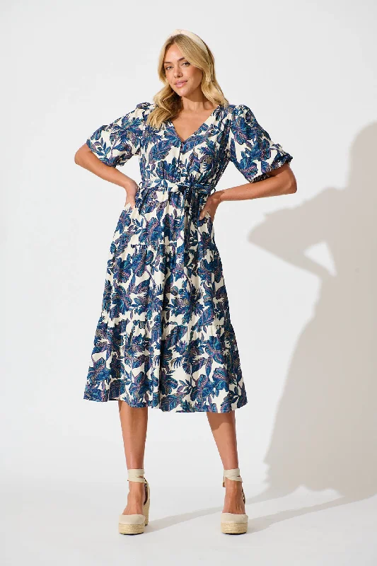  Tris Midi Dress in White with Blue Multi Leaf