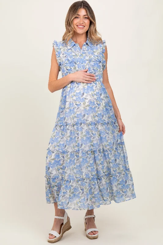 Maternity dress for a baby's first trip to the zoo Blue Floral Print Chiffon Tiered Maternity Maxi Dress