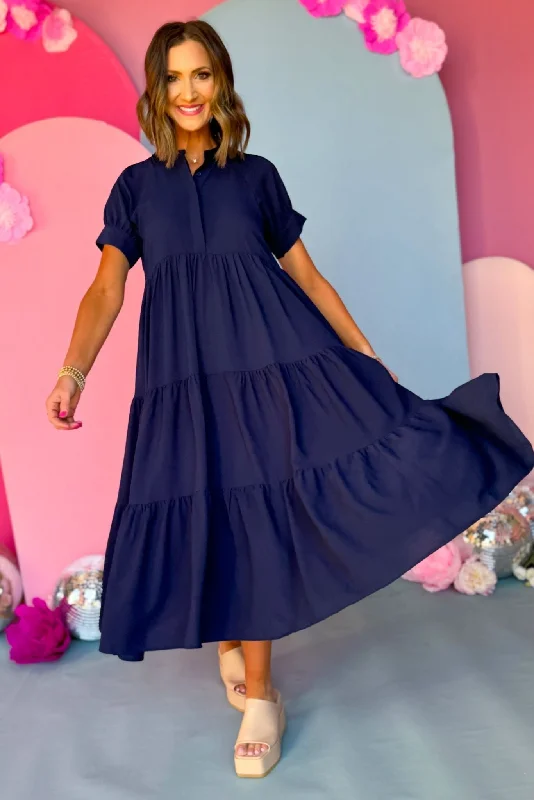 Mini dresses with cold - shoulder designs Blue Button Front Tiered Short Sleeve Maxi Dress