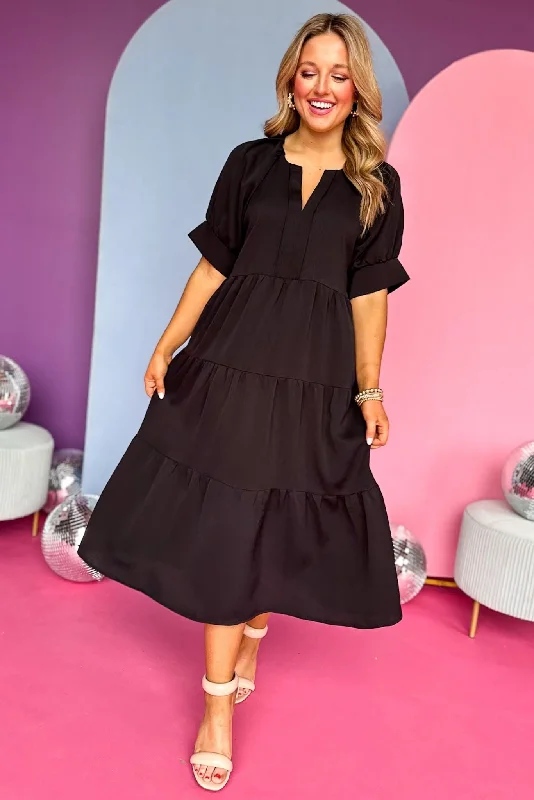 Mini dresses with tassel accents for a fun touch Black V Neck Tucked Short Sleeve Tiered Maxi Dress