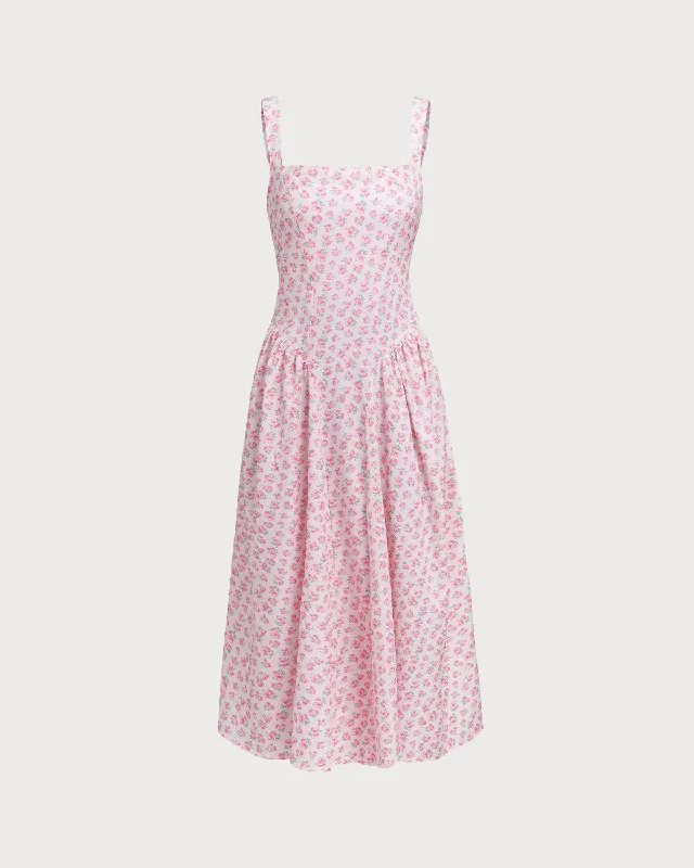 Midi dresses with geometric cutouts for a contemporary and edgy look Pink Floral Square Neck Slip Midi Dress