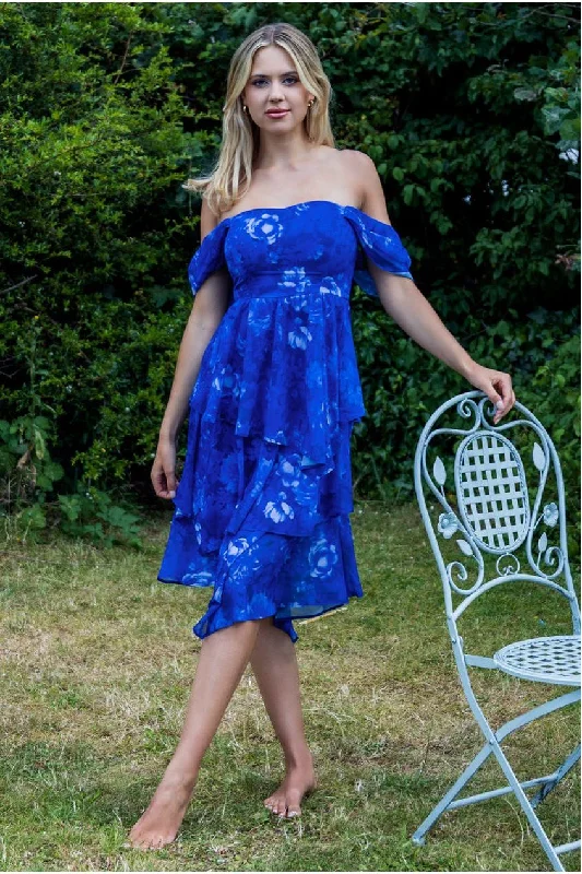 Sleeveless midi dresses with lace details for summer weddings Goddiva Bardot Asymmetric Handkerchief Tier Midaxi - Blue Sleeveless midi dresses with lace details for summer weddings Goddiva Bardot Asymmetric Handkerchief Tier Midaxi - Blue