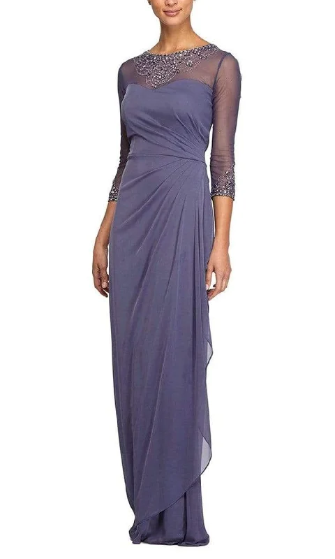 Off - the - shoulder wedding dresses with ruffled sleeves​ Strapless wedding guest dresses with rhinestone - studded bodices Alex Evenings - 232833 Beaded Sheer Long Sleeve Sheath Dress