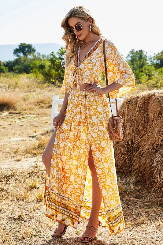  Printed Half Sleeve Top and Slit Skirt Set