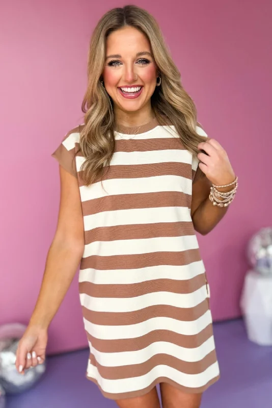 Denim mini dresses with distressed details Light Mocha Striped Cap Sleeve Dress