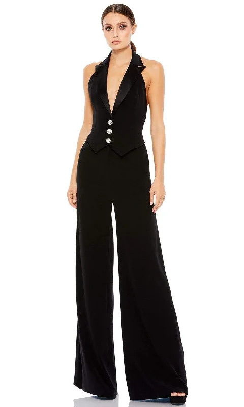 Sleeveless wedding dresses with a beaded belt​ Wedding guest dresses with ruched bodices and spaghetti straps Ieena Duggal - 2643 Halter Tuxedo Bodice Jumpsuit