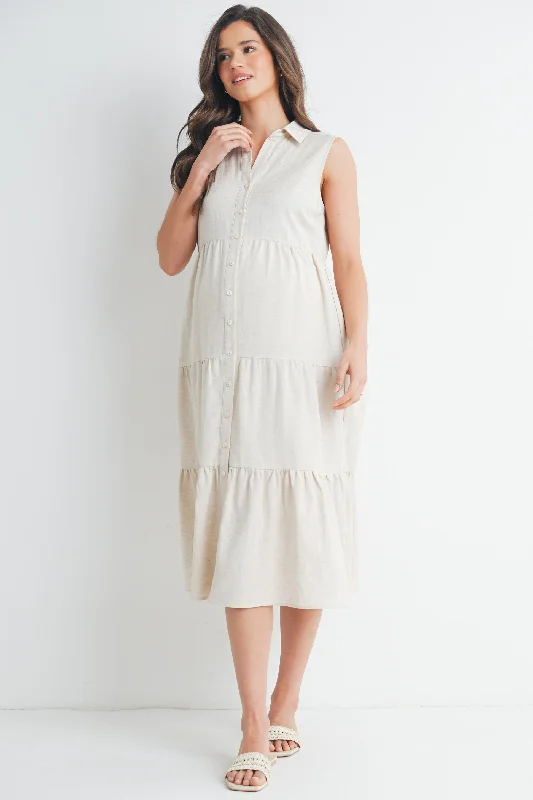 Maternity dress for a baby's dedication Sleeveless  Button-Front Tiered Midi Maternity Dress