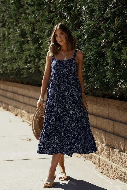 Hypoallergenic Casual Dresses for Sensitive Skin​ Amelia’s Navy Floral Breeze Midi Dress