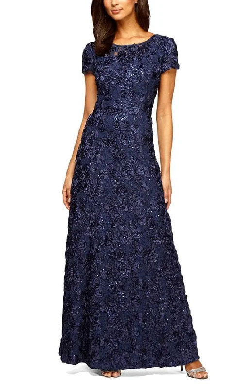 Wedding dresses with a built - in petticoat for added volume​ Wedding guest dresses with patchwork designs for a unique look Alex Evenings - 212788 Rosette Lace Sequin Short Sleeve A-Line Gown