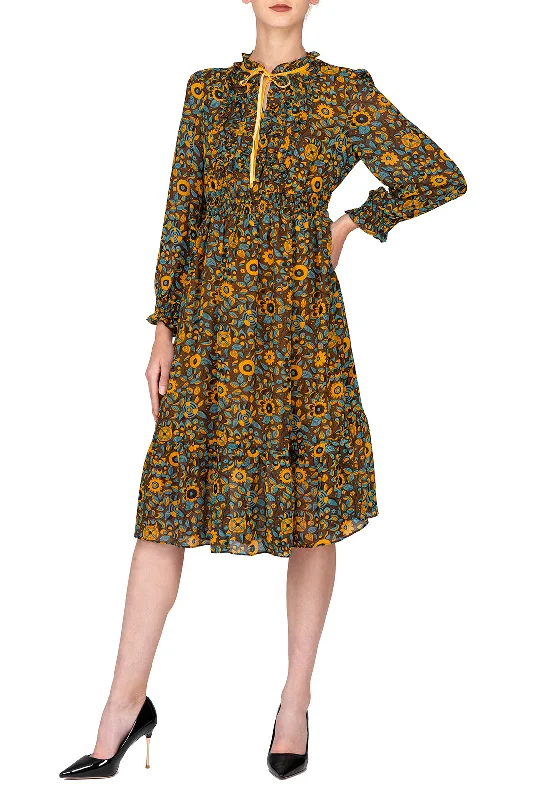 Everyday Dress with Printed Bodice and Solid - color Skirt for a Balanced Look​ SCANDINAVIA-Long Sleeve Elastic Waist Fit & Flare Dress