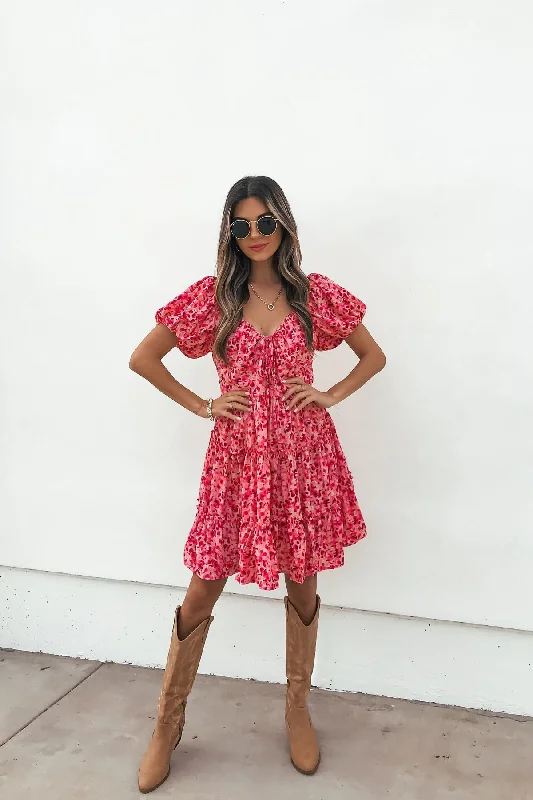 Summer - Appropriate Casual Dresses in Lightweight Materials​ Pink Puff Sleeve Print Mini Dress