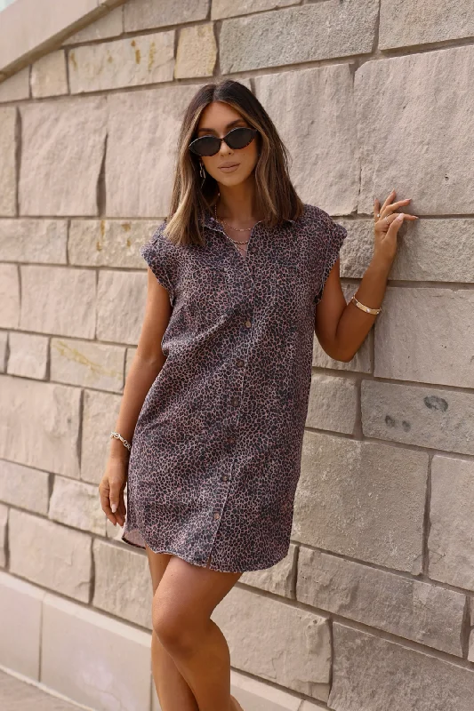 Zip - Front Casual Dresses for Easy On and Off​ Brown Leopard Print Twill Mini Dress