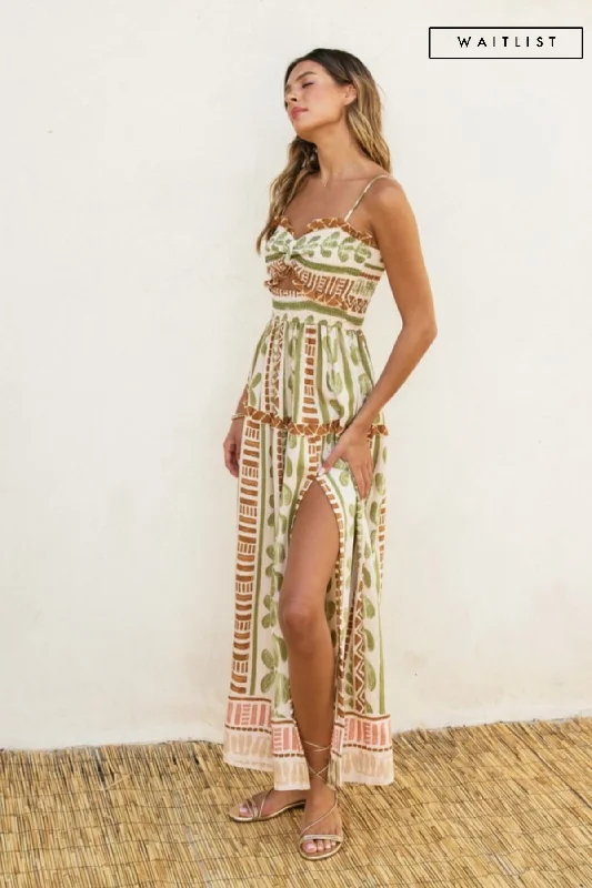 Recycled - Material Casual Dresses for Sustainability​ Waitlist 5/21 ♥ Holland Sleeveless Cut Out Abstract Print Maxi Dress Green