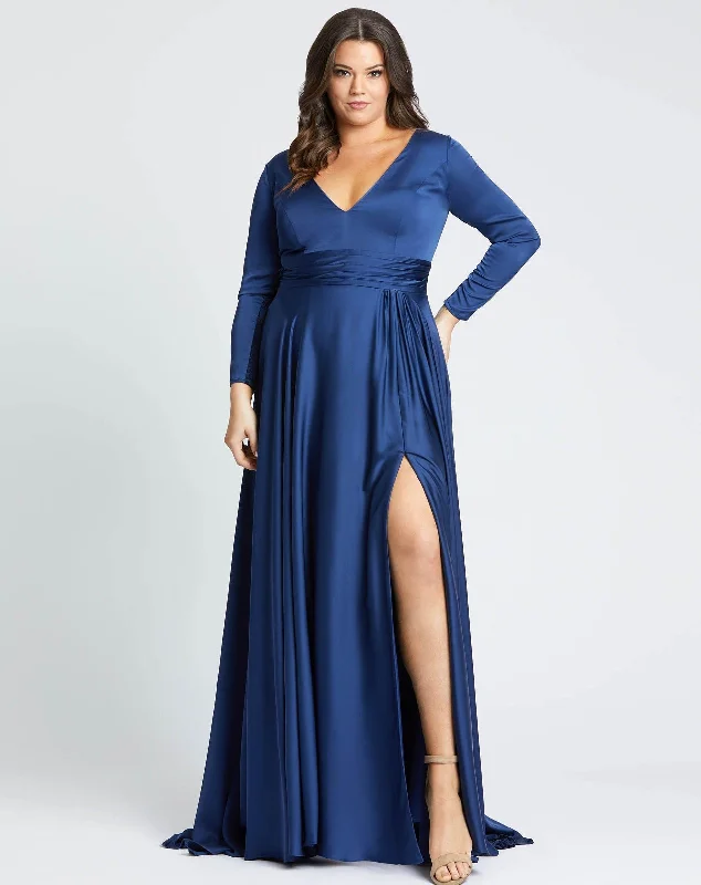 Maternity denim dress for a casual vibe Mac Duggal 55290 Long Sleeve Plus Size Satin Dress