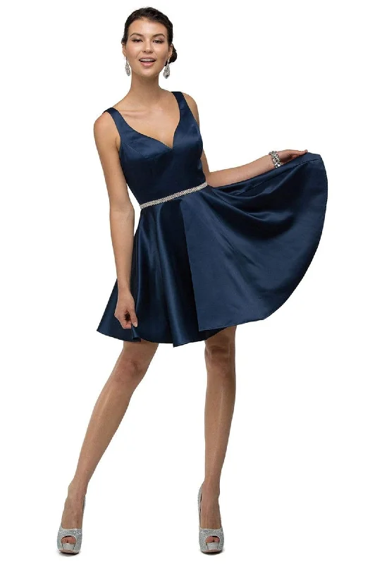 Tulle - over - satin wedding dresses for a soft look​ Wedding guest dresses with mesh panels and empire waists Dancing Queen - 9504 Jeweled Waistband Sweetheart Neck Satin A-line Cocktail Dress