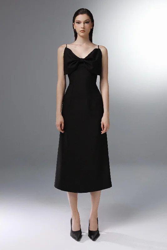 Midi dresses with metallic threads for a glamorous evening event Lilibet A-line Bow Wool Cotton Calf Length Dress