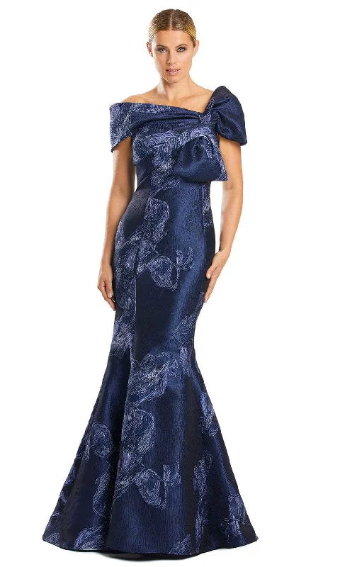 Wedding dresses with a lace - trimmed veil attachment​ Asymmetric - hem wedding guest dresses in metallic hues Alexander by Daymor 1864F23 - Bow Detailed Off Shoulder Evening Dress