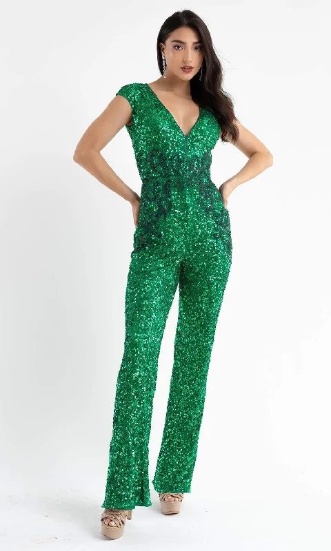 Wedding dresses with a sweetheart - neck and a corseted back​ Wedding guest dresses with gathered skirts and V - necklines Primavera Couture - 3775 Cap Sleeve Sequin Jumpsuit