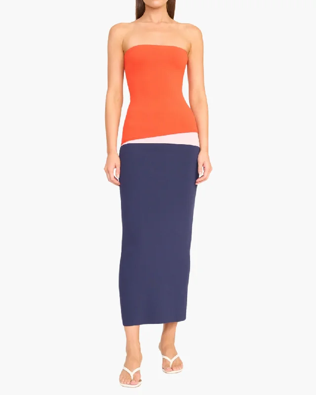 Denim - Patchwork Casual Dresses for a Unique Design​ LA SERENA DRESS IN CAYENNE/NAVY/CARNATION