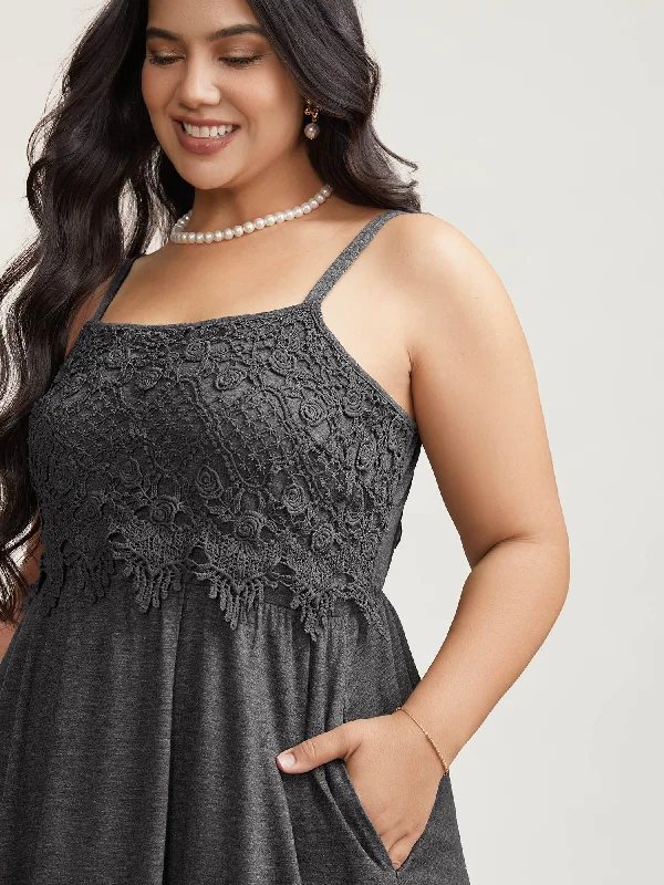  Lace Waist-Cinched Pockets Midi Dress